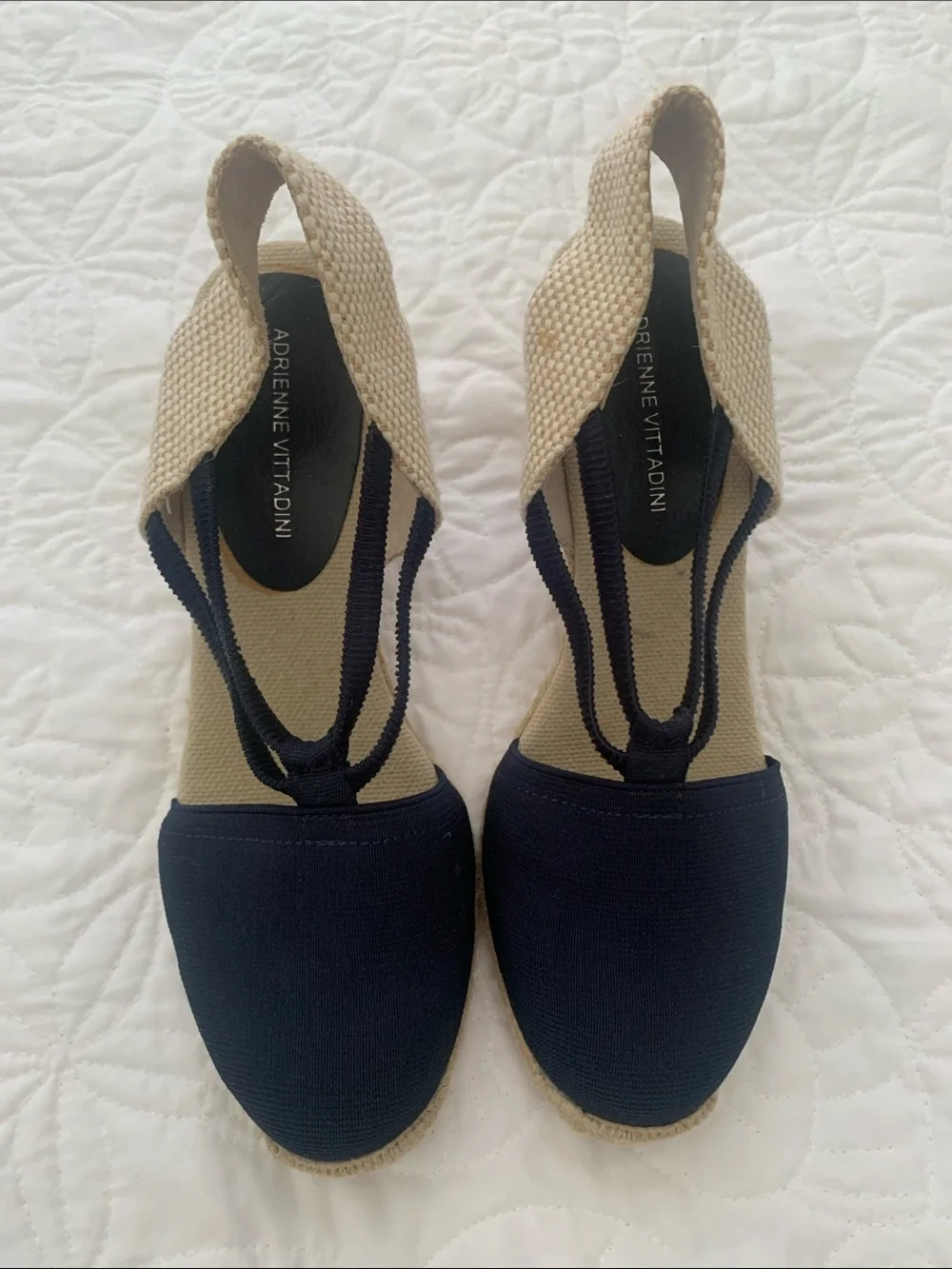 Adrienne Vittadini Navy and Natural Espadrille Wedge Sandals